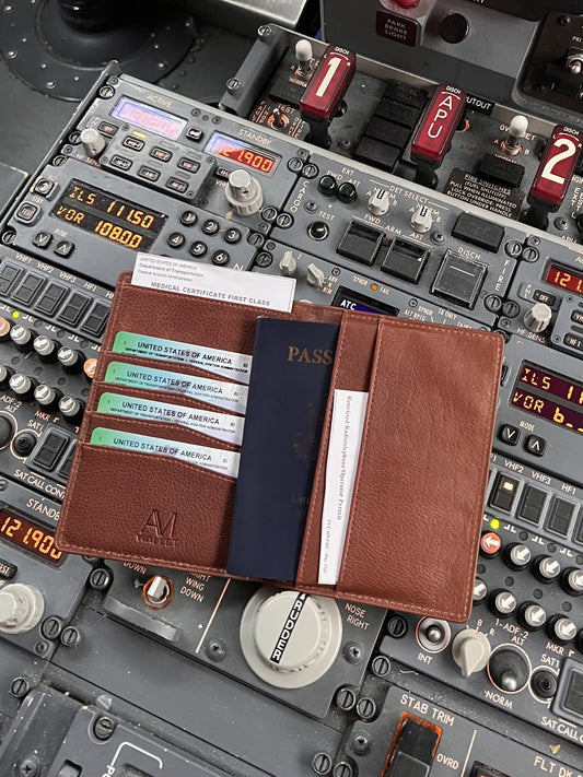 1903 2.0 leather pilot wallet holding FAA medical and pilot certificate