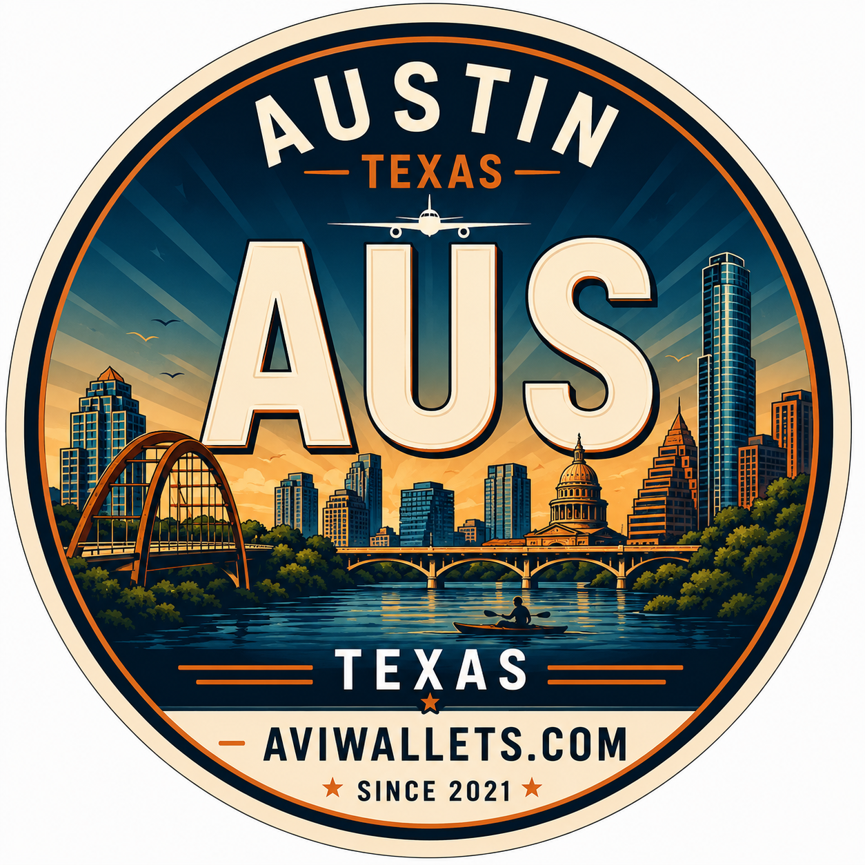 AUS Airport Code Sticker representing Austin International Airport by AviWallet