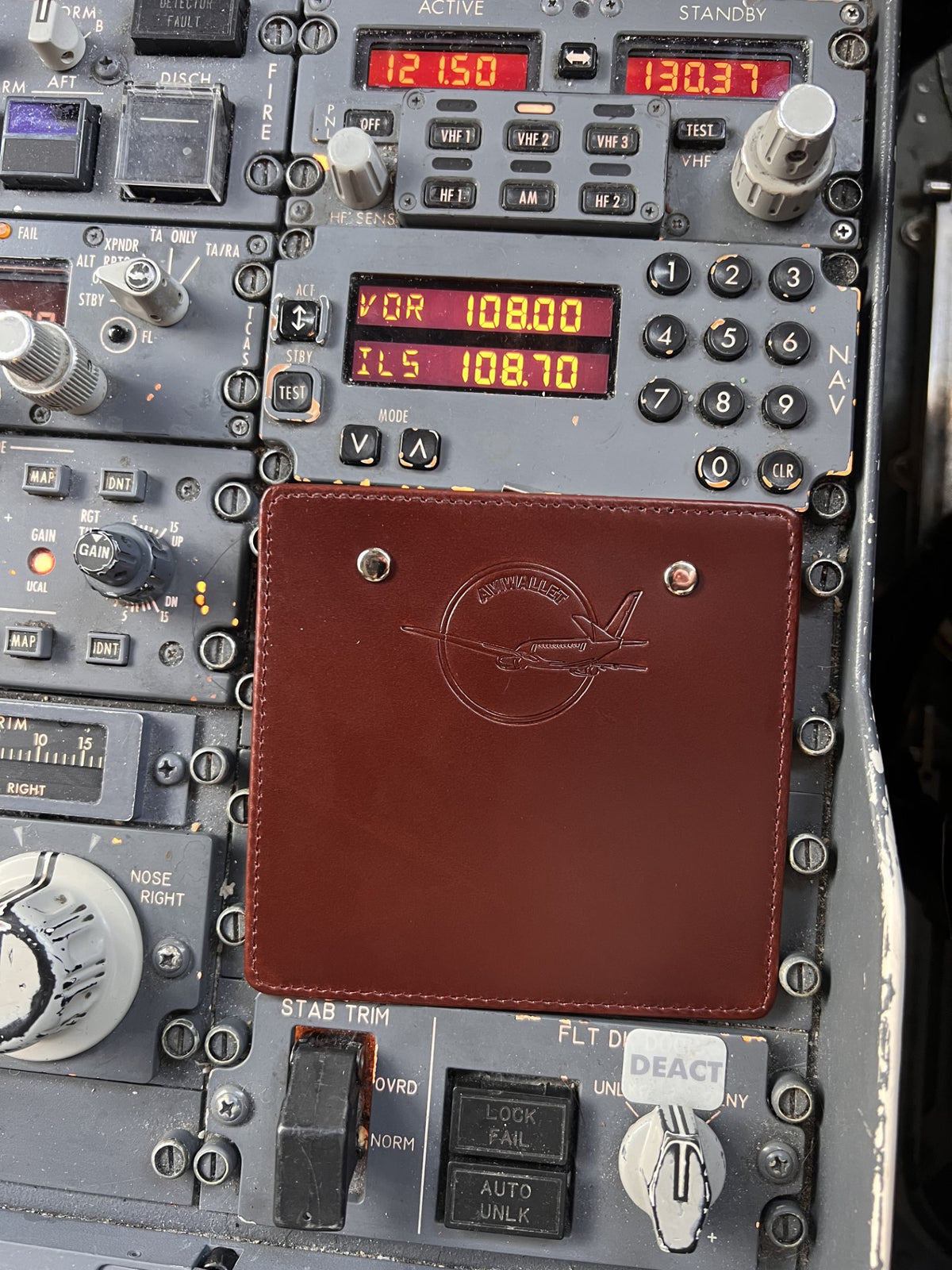 Leather pilot clipboard inside a Boeing 737 cockpit