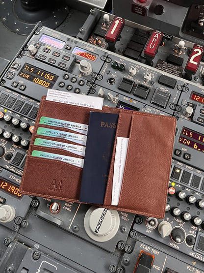 1903 2.0 leather pilot wallet holding FAA medical and pilot certificate