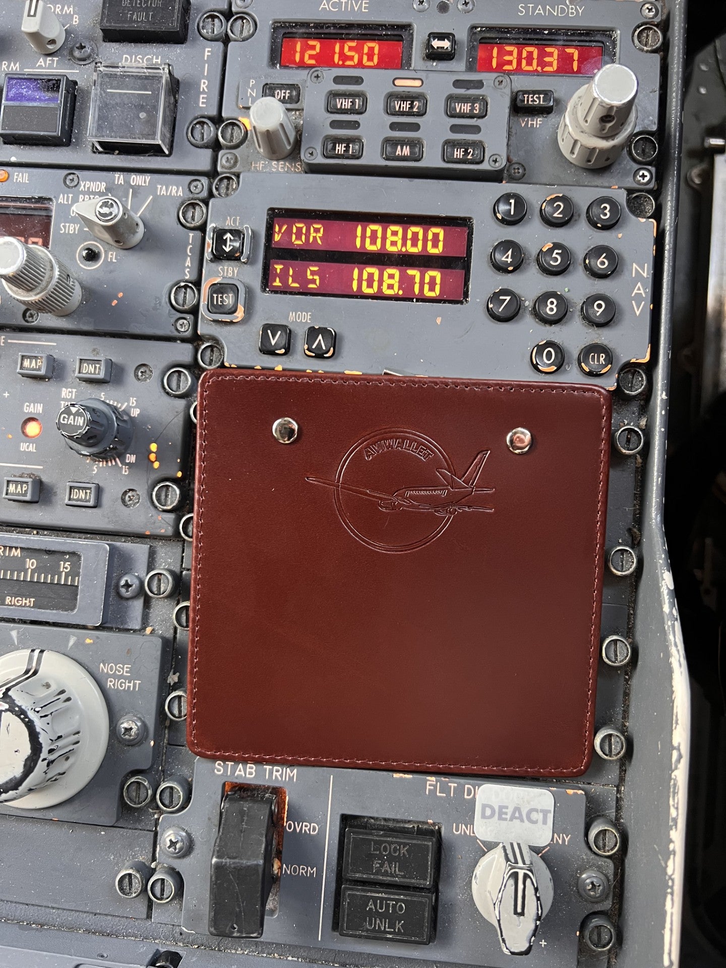 Leather pilot clipboard inside a Boeing 737 cockpit