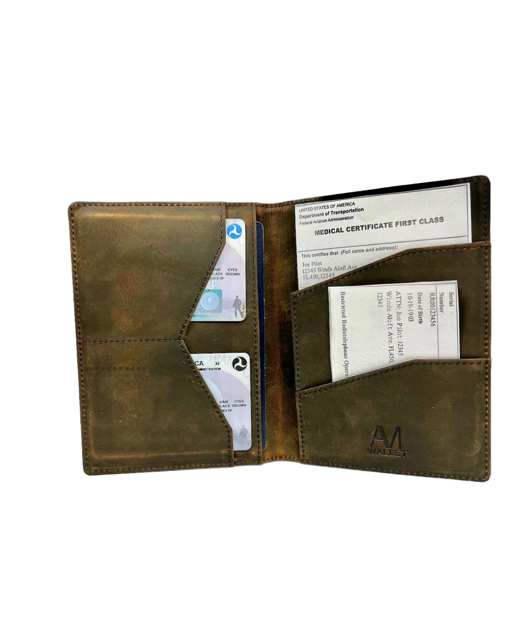 AERO passport wallet holding FAA certificates, medical, and passport. 