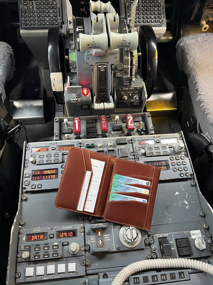 Slim leather travel wallet designed for airline pilots and frequent travelers