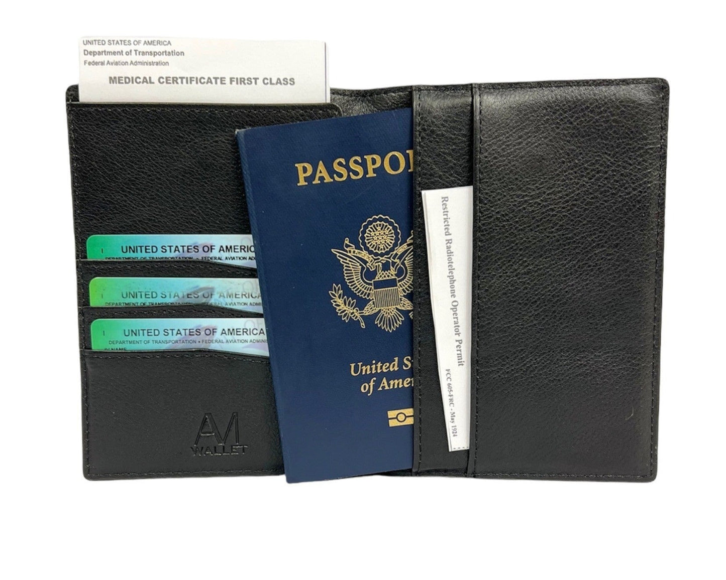 1903 leather pilot wallet holding FAA medical certificate and passport